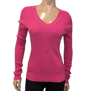 Tommy Hilfiger Pima Cotton Cable Knit Sweater Barbie Pink Vneck Pullover